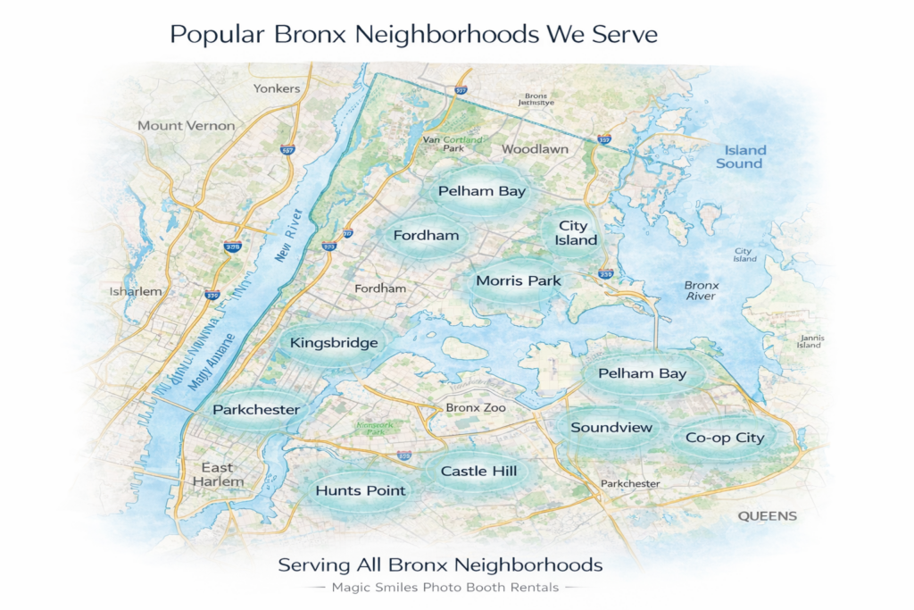 Bronx NY photo booth rental service areas including Pelham Bay, Fordham, Kingsbridge, Morris Park, Castle Hill and Soundview