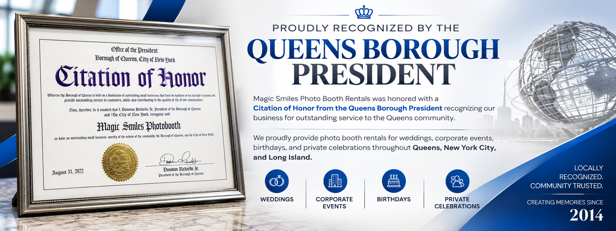Magic Smiles Photo Booth Rentals Citation of Honor from Queens Borough President Donovan Richards Jr. recognizing outstanding service to the Queens community in 2022