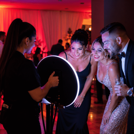 roaming-photo-booth-rental-nyc.png Guests enjoying a roaming photo booth rental at a party with an LED ring light and photo booth attendant. Copy